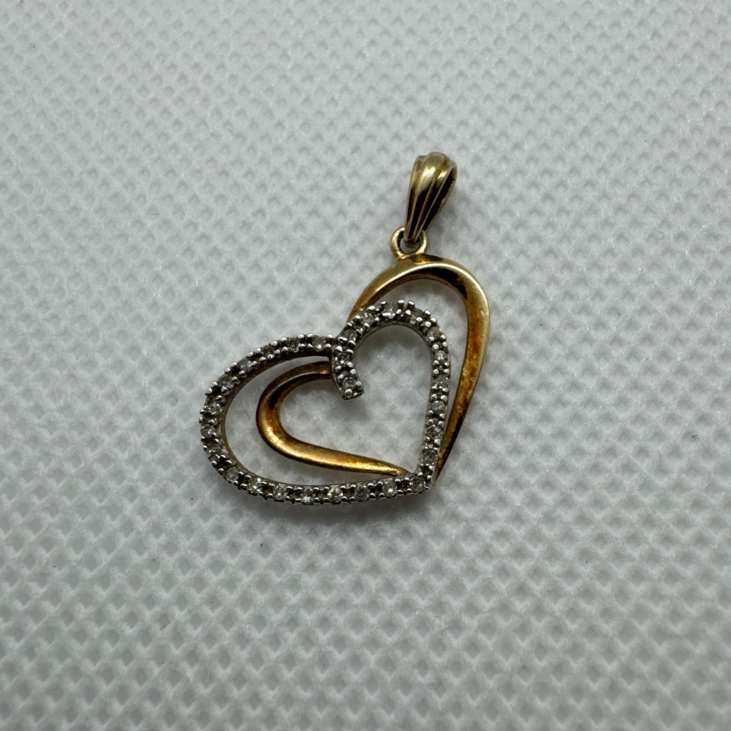 10k Two Tone Yellow & White Gold Diamond Heart Pendant Double Love Romance